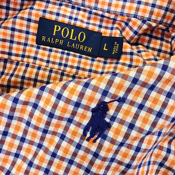 Ralph Lauren Long Sleeve Button Shirt Men's L Plaid Blue Orange Auburn Colorway - Picture 1 of 6